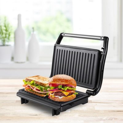 Grill electric reglabil Beper, 26.5x23x8.5 cm, 800 W, aluminiu/otel/bachelita, negru/argintiu